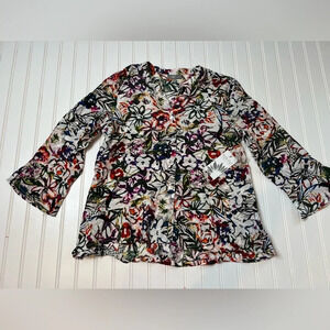 Habitat Multi-Watercolor Button Up Bell Sleeve Tunic Blouse Top Small NEW. 96